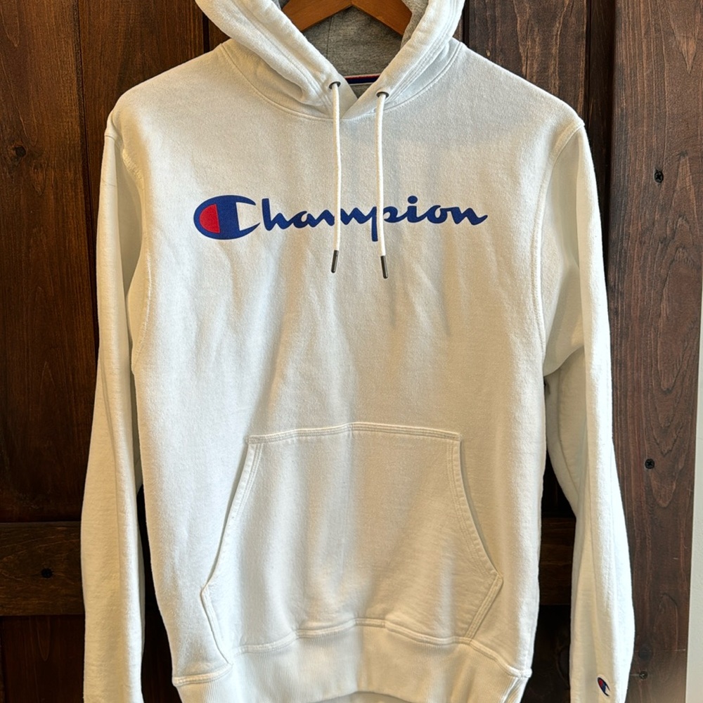 Champion hooded sweatshirt white with gray lined hood - Size small